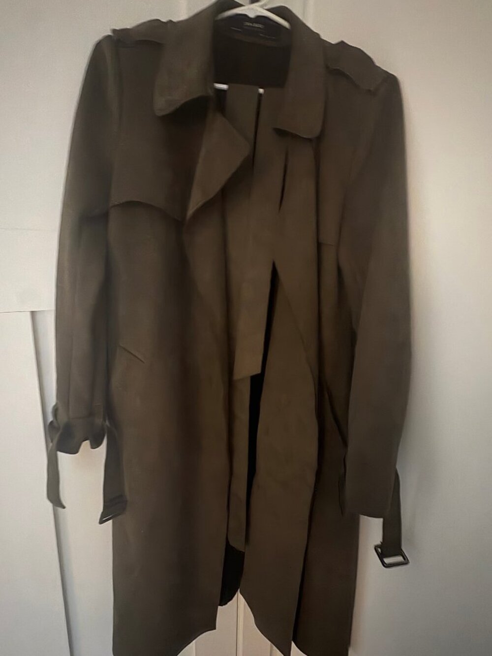 Zara Basic Olive Trench Coat — Size L — European Draped Suede-Effect